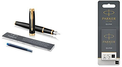 Parker IM Fountain Pen, Black Lacquer Gold Finish Trim, Medium Nib with Blue Ink Refill, Gift Box and Quink Fountain Pen Refills, Long Cartridges, Black Ink, Pack of 10