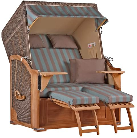 MR. DEKO® Strandkorb Seeblick 2-Sitzer Teakholz | PE Geflecht Grey | Volllieger verstellbar mit Fußablage | inkl. 4 Kissen + Wechselpolster | Strandkörbe Teak fertig montiert Strandstuhl (Dessin 520)