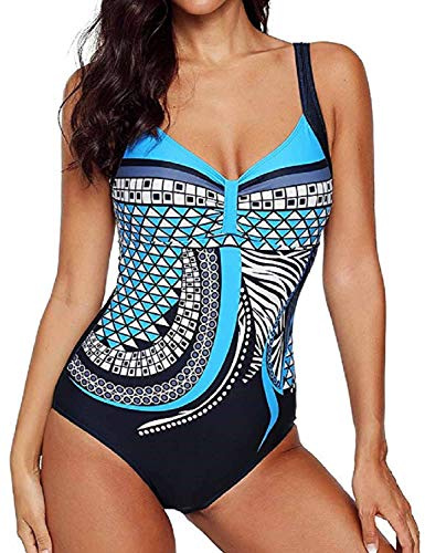 Yuson Girl Femme Elégant Sexy Été Maillot De Bain Vintage 1 Pièce Taille Haute Monokini Amincissant Imprimé Dos Nu avec Bra Push Up Rembourré Monokini Ventre Plat Géométrique Straps African,Bleu,M