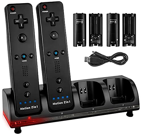 4 Pack Rechargeable Battery for Wii Remote Controller, TechKen 4 x 2800mAh Batteries with Charging Dock Station (Black)