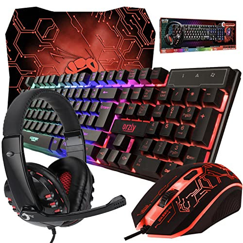 Orzly Tastatur Maus Set Gaming RX250 4 in 1 PC Pack Combo – RGB Hintergrundbeleuchtung Tastatur [QWERTZ DE Layout] und Maus [bis zu 3200 DPI], Gaming Headset & Mauspad großen - für PC, Xbox, PS4