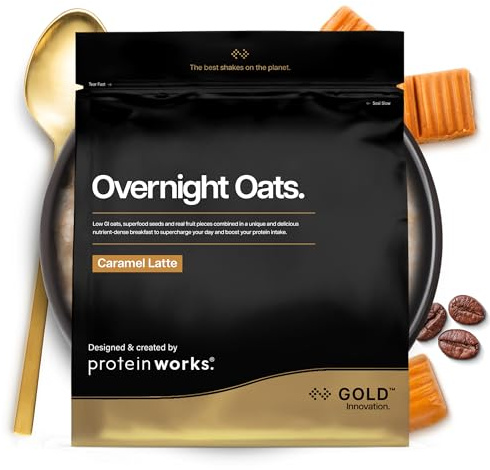 Protein Works | Overnight Oats - Gold Innovation, High Protein Breakfast, Chia & Flax Seed, Supports Healthy Weight Loss, Low Sugar, Caramel Latte, 14 Servings, 1kg