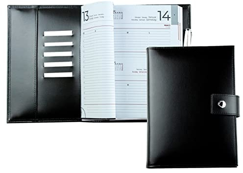 DELMON VARONE - Personalisierbarer Buch-Kalender DIN A5 2026 + 2027 Cambridge Top Grain Leder Schwarz - Terminplaner Organizer 1 Tag 1 Seite - Taschenkalender Druckknopf Stiftschlaufe & Einschubfächer