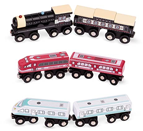 Battat - Trains de voyageurs en bois - Trains classiques - Ensemble de chemin de fer en bois 6 pièces - Moteurs et voitures de train - 3 ans et +