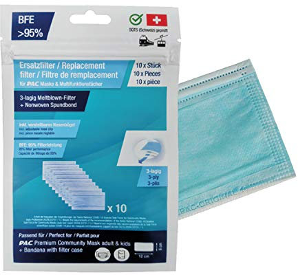 P.A.C. 10er Pack Filter für P.A.C Mundschutz und Stoffmasken, Ersatzfilter für P.A.C. Premium Community Maske, Filtereinsatz Atemschutzmaske