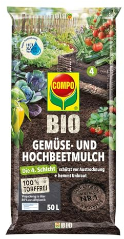 COMPO BIO Gemüse- und Hochbeetmulch torffrei für Gemüsebeete und als abschließende Schicht im Hochbeet zur Regulierung des Feuchtigkeits- und Wärmehaushalts 50 L