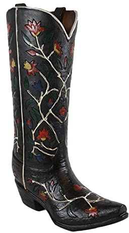 Ebros Gift Rustic Western Black Tooled Leather Cowboy Cowgirl Boot with Floral Red Rose Vines Decorative Figurine Or Floral Vase Planter Table Shelf Countertop Accent