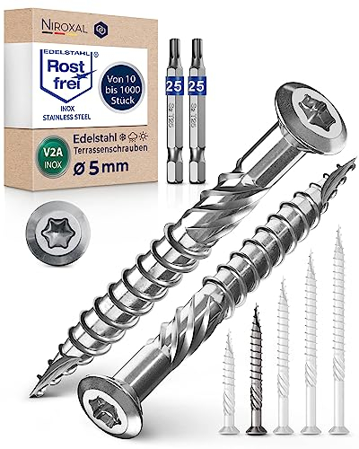 Tornillos para terraza 5x50 de acero inoxidable A2 con cabeza lenticular muesca de corte y aletas peladoras para, 1000 unidades, tornillos Torx hexagonales, 50 mm de largo + 2 puntas Torx