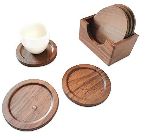 Lilymeche Concept Posavasos de madera de nogal con soporte y palo de café de madera, juego de posavasos de madera, adecuado para tazas de café, vasos de cerveza, tazas, taza de vino (4 pulgadas - 6