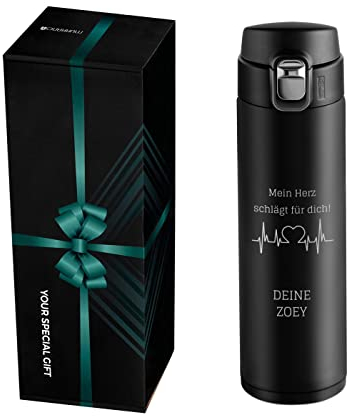 Maverton Trinkflasche mit Gravur 400 ml - Thermobecher auslaufsicher 100% dicht - Easy-Clean-Deckel - Thermoskanne aus Edelstahl - für Männer zum Geburtstag - schwarz - Herzschlag