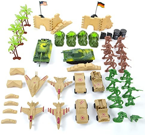 ISAKEN Militärsoldat Spielzeug Figuren, 64 Teiliges Militär Modell Soldat Spielzeug Armee Figuren Set Militärspielset mit Soldaten, Flugzeugen, Hubschraubern, Panzern, Flaggen und Zubehör
