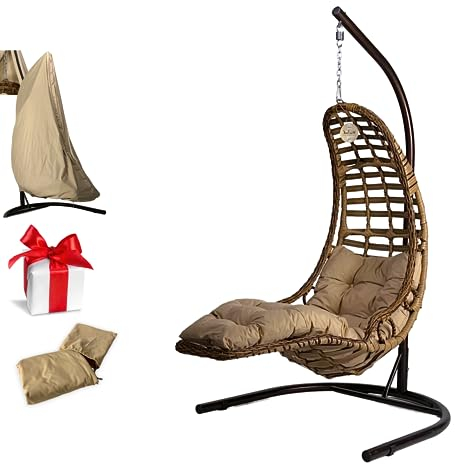 Alveon Hängesessel mit Gestell & Kissen Handgeflechtet Hängestuhl Rattan Hängematte Hängekorb Garten Balkonmöbel Hängeschaukel Bodrum (Hellbraun)