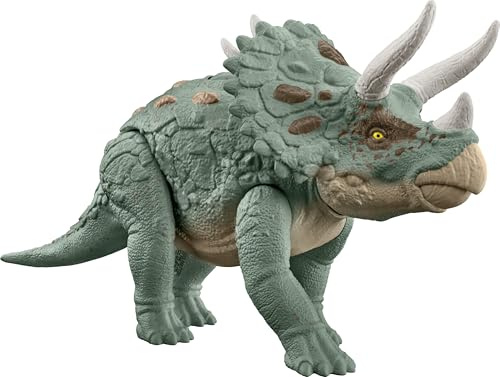 Mattel Jurassic World Gigantic Trackers Triceratops Dinosaurio de juguete con movimientos de ataque, +4 años (HTK79)