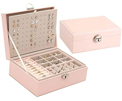 BODHIS Schmuckschatullen, großes Fassungsvermögen, Schmuckschatulle für Ringe, Ohrringe, Leder, Schmucktablett, Halskette, tragbare Aufbewahrungsbox (Rosa)