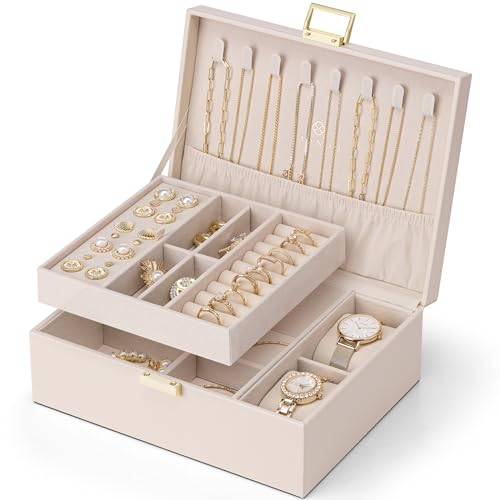 Vlando Schmuckkästchen für Damen Mädchen, 2 Ebenen Schmuckaufbewahrung PU-Leder, Schmuckkasten, Schmuck Organizer Damen, Schmuckschatulle, Uhren Aufbewahrung, für Ringe Ohrringe Halsketten, Beigerosa