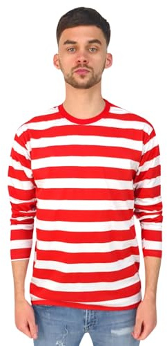 Red White Mens Long Sleeve Striped T-Shirt Casual Classic Horizontal Striper Tee