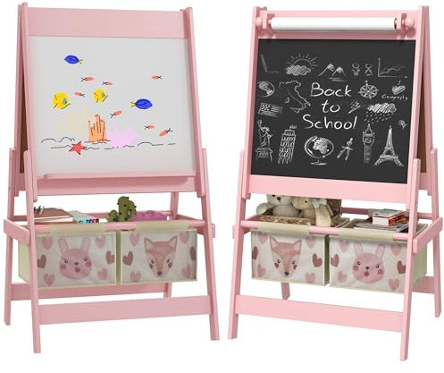 AIYAPLAY Tableau chevalet enfant ardoise double face tableau blanc tableau à craie rouleau papier 2 paniers 54 x 46,5 x 93 cm rose