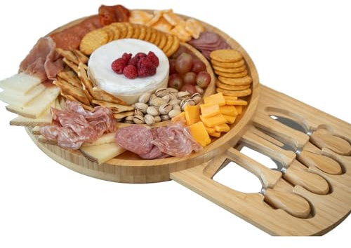 Plateau à fromage rond et planche à charcuterie - Plateau à fromage rond en bambou - Planches à fromage pour charcuterie - Coffret cadeau - Planche à fromage en bois avec couteaux - Plateau à fromage