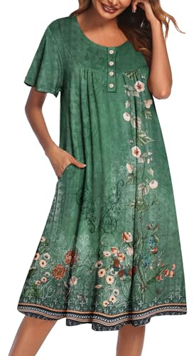 Ekouaer House Dress for Women with Pockets Short Sleeve Moo Moos Plus Size Nightgowns Floral Print Mumu Dresses Floral Green XX-Large