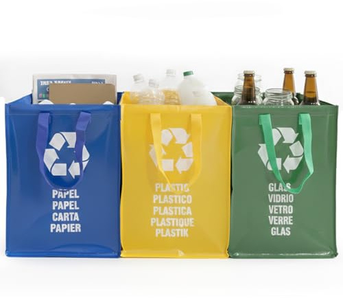 Space Home - 3 x 44L Sac Tri Selectif avec Poignée - Poubelle de Tri pour Papier, Plastique et Verre. Poubelle de Recyclage Durable, Poubelle Tri Sélectif 3 Bac Idéale pour la Maison et le Bureau