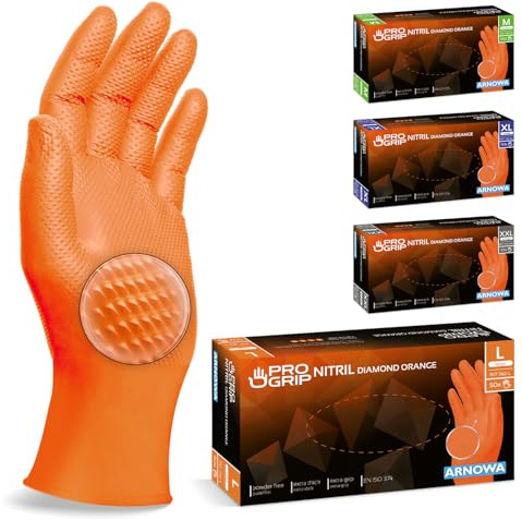 100x PROGRIP Einweghandschuhe Diamant Grip Orange, Nitrilhandschuhe L | Einmalhandschuhe Extra Stark, Handschuhe Einweg griffig, latexfreie Arbeitshandschuhe für Werkstatt & Montage M, L, XL, XXL