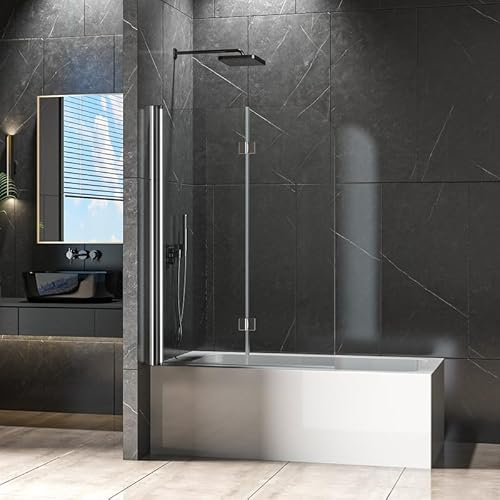 Duschwand für Badewanne Faltbar Duschabtrennung 110x140cm Badewannenaufsatz, 2-Teilig Faltwand Duschtrennwand Chrom, Badewannenfaltwand aus 6mm NANO Sicherheitsglas Dusche Badewannen