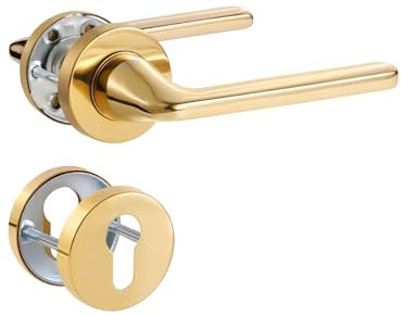 SORWDUERM Türgriff Pvd Gold Drückergarnitur, Edelstahl matt, Türklinke für Haustür und Innentür, L-Form, Rund-Rosette, PZ - Profilzylinder