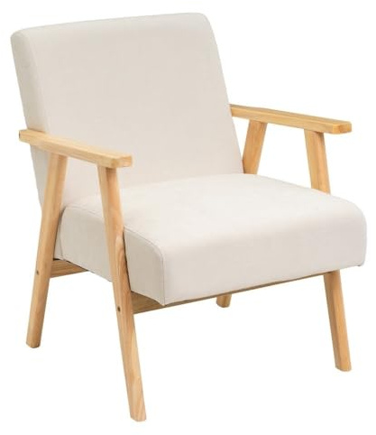LOLAhome - Sillón butaca tapizada en Chenilla Blanca con Brazos de Madera, diseño ergonómico, cómodo y Elegante. Ideal para ambientes Modernos, rústicos o Minimalistas