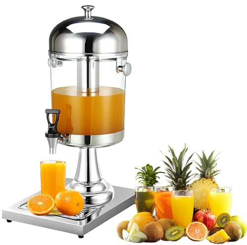 Getränkespender mit Zapfhahn 8L, Getränkespender mit Kühleinheit und Abtropfvorrichtung, Edelstahl Limonadenspender für Getränke, Wasser, Saft, Cocktails, Transparent Flasche, Tropffreiem Ablashahn