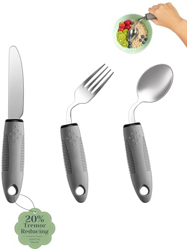 CuraVita Utensilios adaptativos (juego de 3 piezas) – Cubiertos con peso en ángulo de 42° para Parkinson, temblores de manos, artritis y personas mayores, utensilios de alimentación adaptativos para