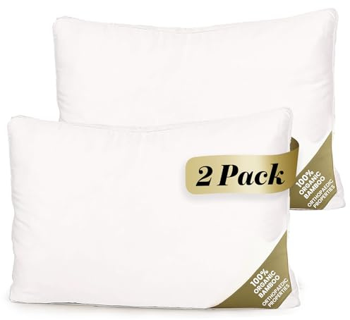 LuxBedCo Luxury Bamboo Pillow Pack of 2 - Luxury Soft Bed Pillow with 100% Bamboo Fibre Filling & Cotton Casing - Head & Neck Support - Cooling in the Summer, Warming in the Winter