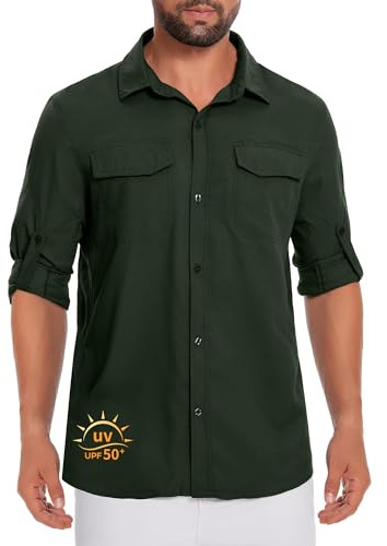 Herr UPF50+ fisketröjor långärmad solskydd lätt vandringsskjorta button down träningsskjortor med blixtlåsfickor, gRÖN, S