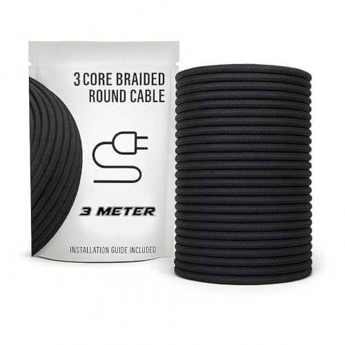 3 Meter 7mm Black Fabric Electrical Wire Cables Braided 3 Core Cable for Electricians Indoor Use 0.75mm Electric Cable Vintage Style Lamp Cord