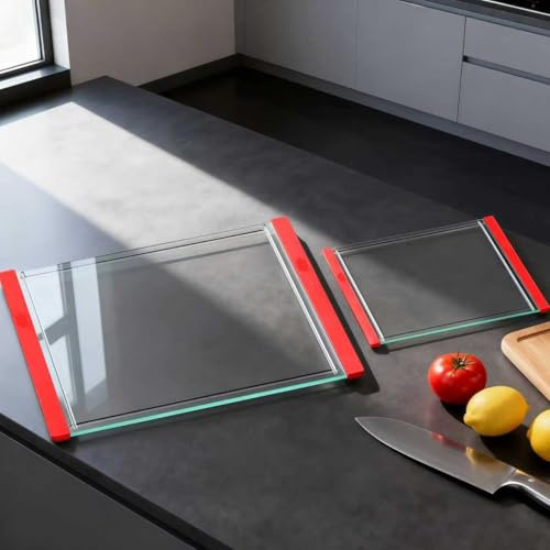 GlassCuisine Tempered Glass Cutting Board Set for Kitchen Counter - Dishwasher Safe with Juice Grooves, Non-Slip Silicone Edges & Beveled Grip - 16x12 & 12x8 Serving Tray (Red-2PCS)