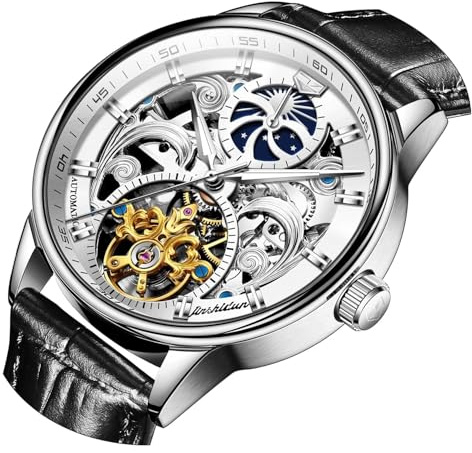 OLEVS Men's Skeleton Watch Luxury Dress Black Leather Silver Gold Tourbillon Moon Phase Automatic Mechanical Self-Winding Waterproof Luminous Wrist Watches