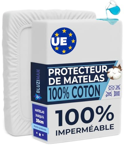 BLUZIMAN® Protector Colchon 90 Impermeable, 100% Algodón Fabricado en España, Altura hasta 35cm, Cubre Colchon Protector de Colchon Anti Acaros, Funda Colchon, Mattress Protector (Cama 90x190/200)