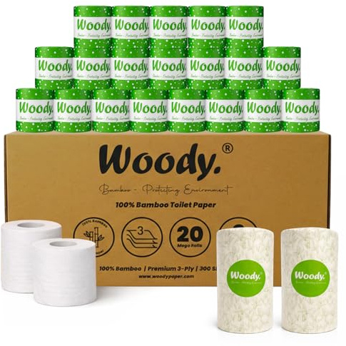 Woody ® – 100% Bamboo Toilet Roll, Twice as Long, Sustainable Toilet Roll, Box of 20 Toilet Rolls + 2 Free Kitchen Towels - Soft, Strong, Sustainable. (Roll: 3-Ply, 300 Sheets)