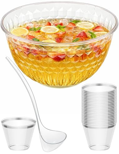 NiHome Juego de punzón de 1.7 galones, cucharón grande y tazas con borde plateado, cuenco sin borde