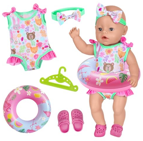5 Stück Baby Badeanzug 43cm, Schwimmset Kompatibel mit 35-45cm New Born Baby Schwimmpuppe, Buntem Print Puppenkleidung mit Badeanzug Schwimmring Haarband Schuhe Kleiderbügel für 14-18 Zoll Puppen