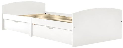 Cama de Madera Maciza de Pino con 2 Cajones Deslizantes, Estructura Blanca för Colchón 90 x 200 cm, inklusive Somier de Lamas, perfekt för Dormitorios Pequeños – Diseño Modern och funcional