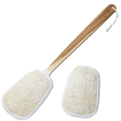 FAAY 17 Inch Natural Exfoliating Loofah Back Scrubber On a Stick with Luffa Sponge Pads Refills – Long Handle Loofa Body Bath & Shower Brush for Men & Women