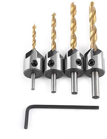 Fraise à chanfreiner, Fydun acier Fraise à fraiser en acier Menuiserie Travail du bois outil de forage, tige ronde avec clé hexagonale Outils(4 piece set + small wrench (3-6mm))