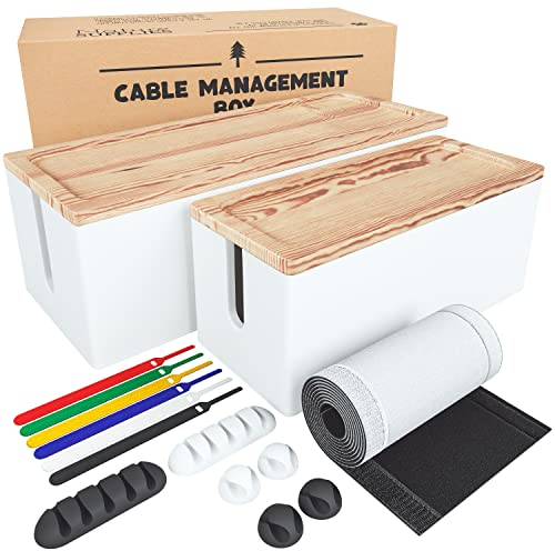 NATURE SUPPLIES Cable Tidy Box Set of 2 for TV, Computer, Desk and Under Desk Management with Real Wood Finish, White Color, Includes Large and Small Organiser for Power Strip and Wire Storage