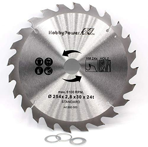Kreissägeblatt Sägeblatt Hartmetall für Holz Tischkreissäge Kappsäge Gehrungssäge 254x30mm 24 Z Zähne + 3 Reduzierringe auf 24,4mm, 20mm und 16mm