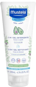 Mustela 2-i-1 rengöringsgel, kropp och hår, för spädbarn, barn, lämplig för hela familjen - bekväm att använda hemifrån, 95% naturliga ingredienser (200 ml)