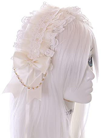 C-03-3 Creme Weiß Zofe Maid Lolita Haarband mit Schleife Perlenkette Gothic Haarschmuck Kopfband