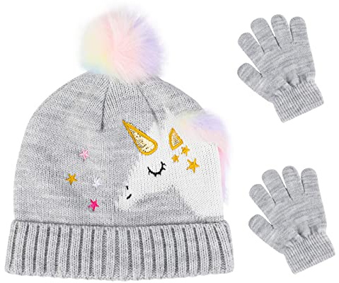 QKURT Stickad mössa för barn mössa, vintervarma mössor set termiska fodrade hatt vantar set enhörning mönster för 3 ~ 5 år gamla barn flickor, vintertillbehör set, Grå, one size