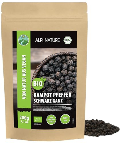 Alpi Nature Kampot Peppar Svart BIO 200g, Ekologisk Hela Pepparkorn, Kampot Svarta Pepparkorn