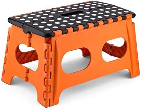Wide Folding Step Stool, Plastic Foldable Stepping Stool, Lightweight Non Slip Foot Stool, Portable Step up Stool with Carrying Handle, Collapsible Step Stool for Kids & Adults (Orange & Black)