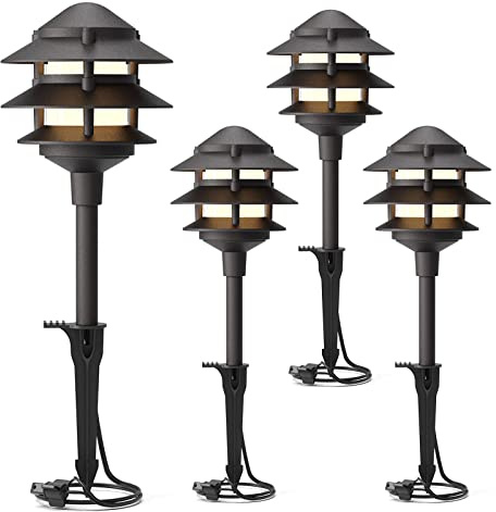 GOODSMANN Landscape Lighting 4PK Pathway Lights Low Voltage 2.2 Watt LED 12V AC Landscape Lights 30 Lumen Warm White with Cable Connectors Metal Stakes 9122-21102-04A